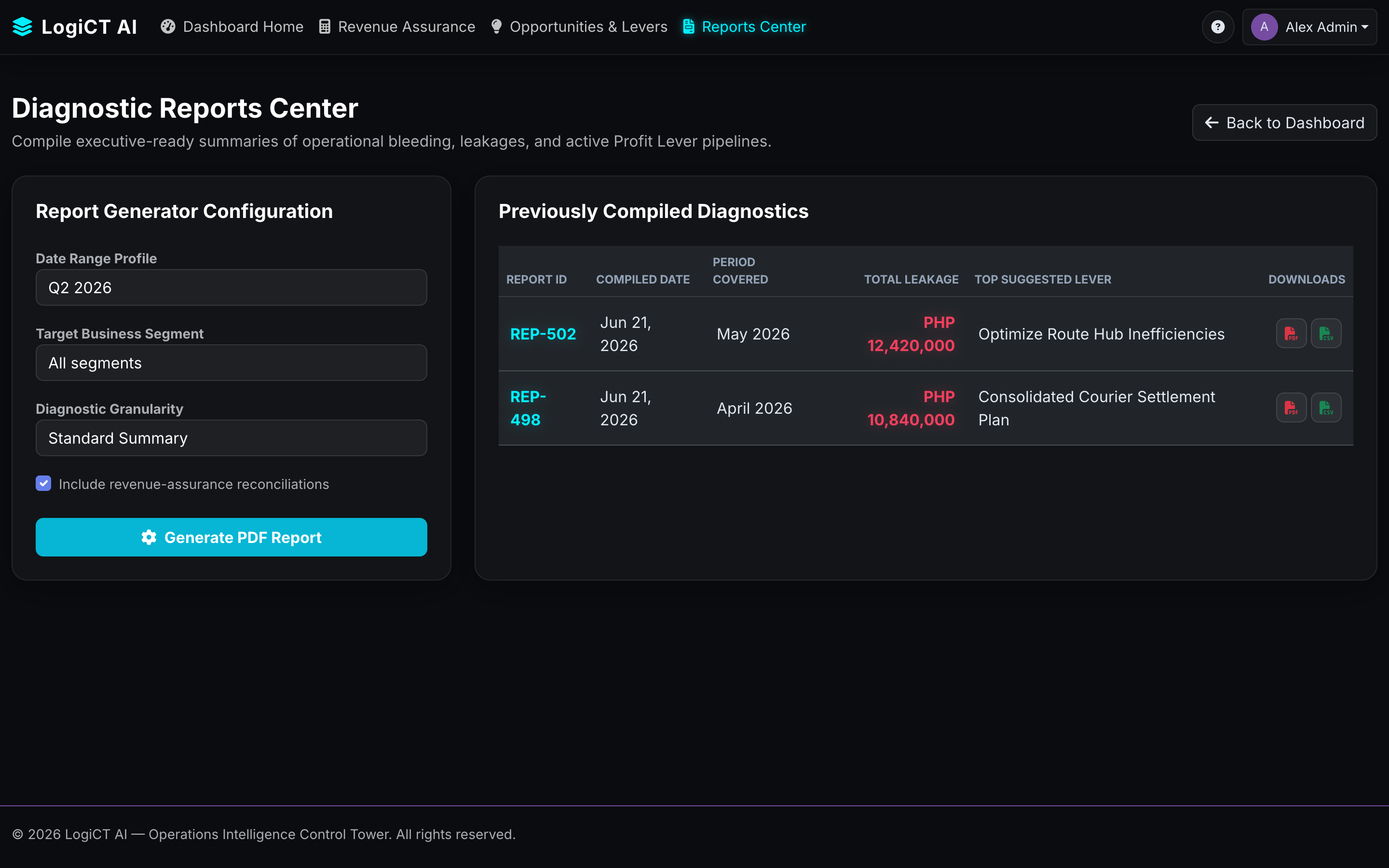 LogiCT Diagnostic Reports center with report generator and compiled diagnostics