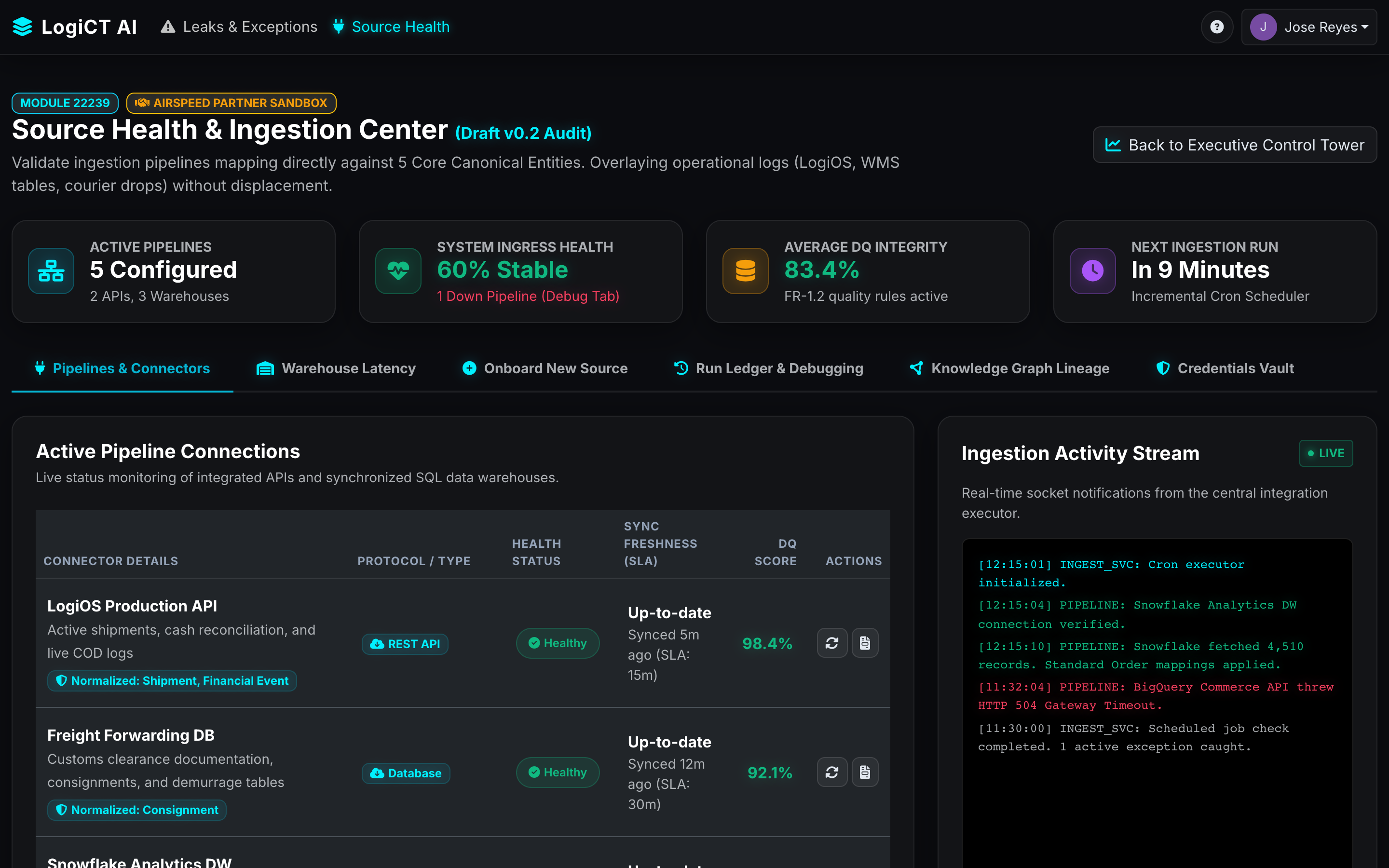 LogiCT Source Health and ingestion center with connector pipeline monitoring